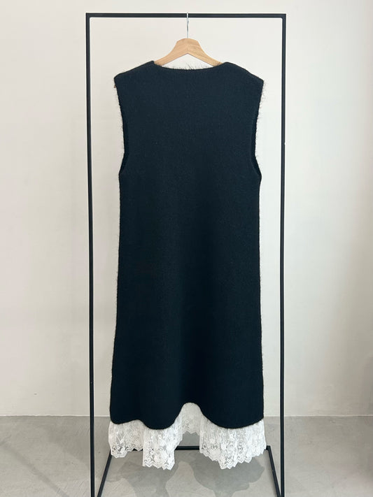 裾レースニットジャンパースカート/ブラック